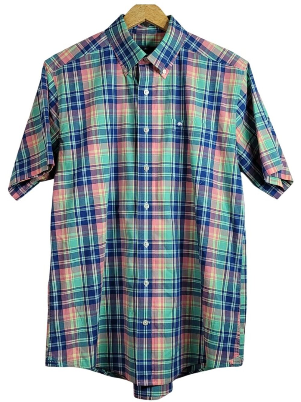 Southern Shirt Men Button Down Plaid Multicolor Medium Short Sleeve Embroid Logo